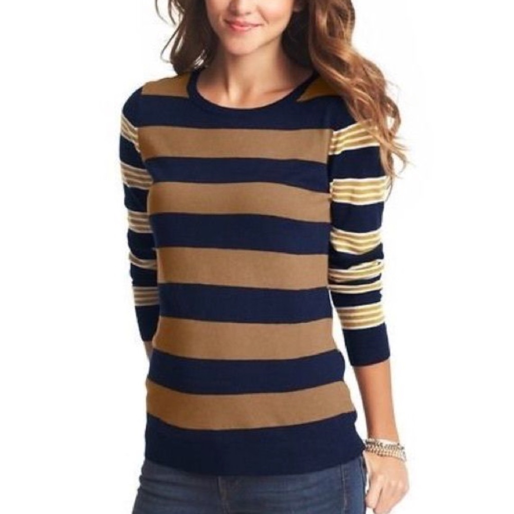 LOFT mustard and navy striped long sleeve sweater